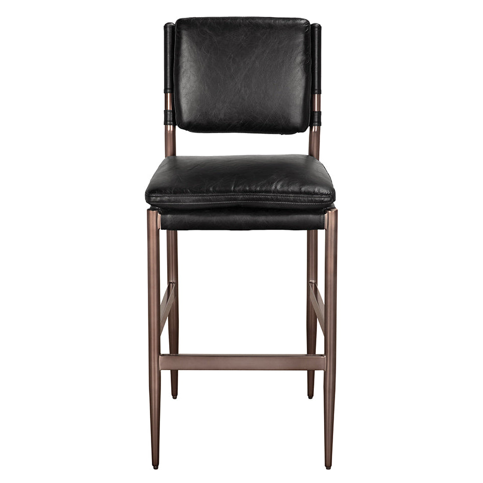 Noir Wooster Ebony Black Leather Bar Chair, gray powder-coated iron frame