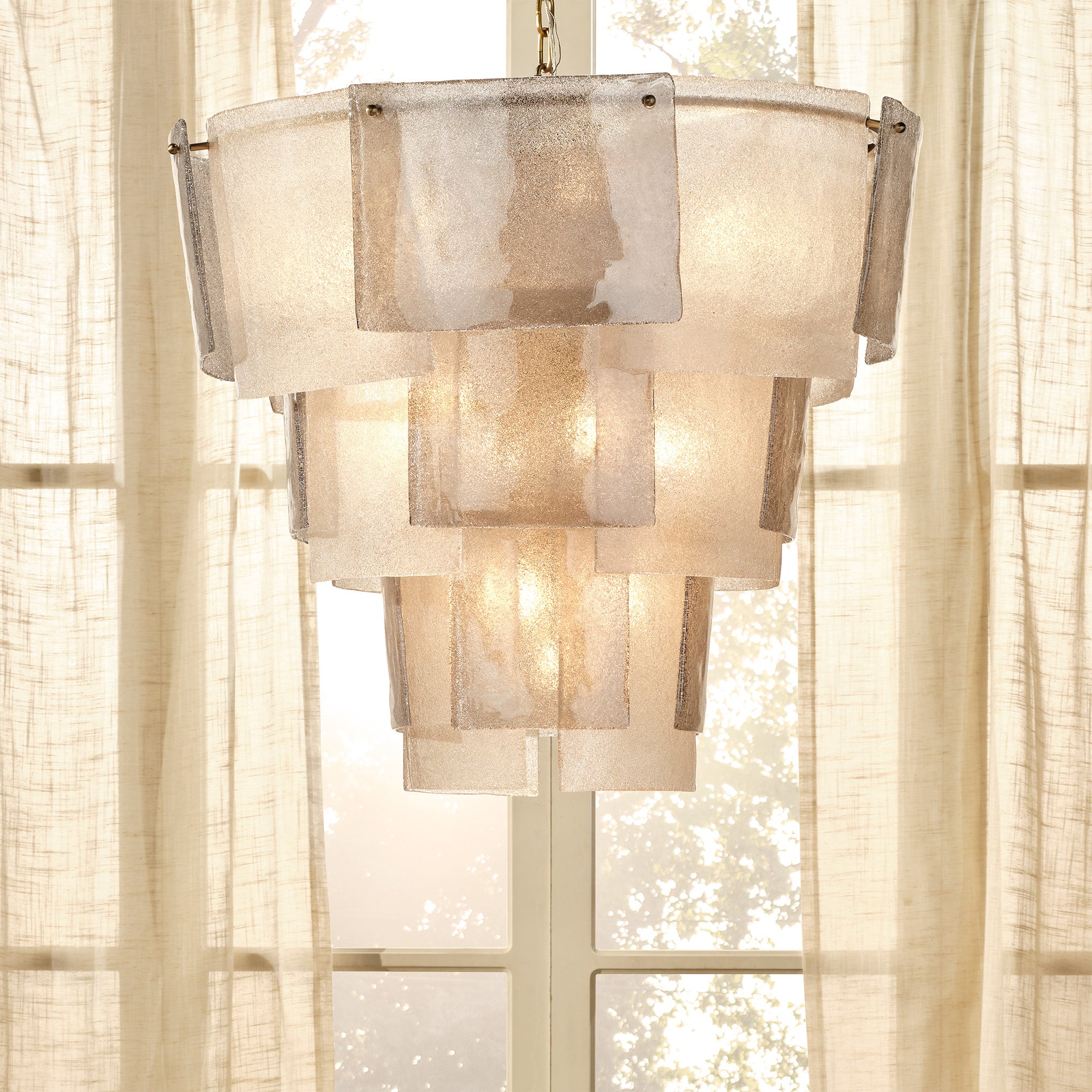Jamie Young Aurora Clear and Smoke Seeded Glass 18-Light Large Chandelier