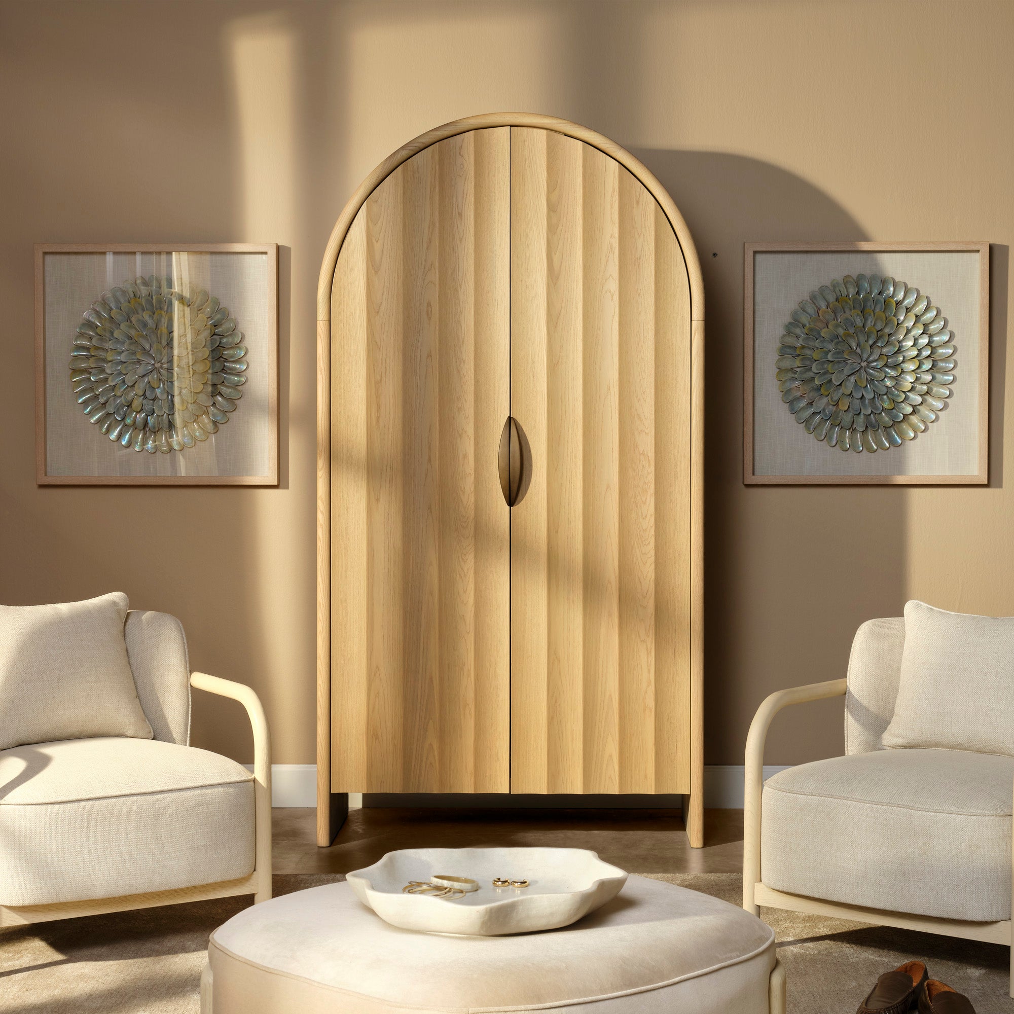 Jamie Young Finley Pale Oak Fluted Arched Cabinet