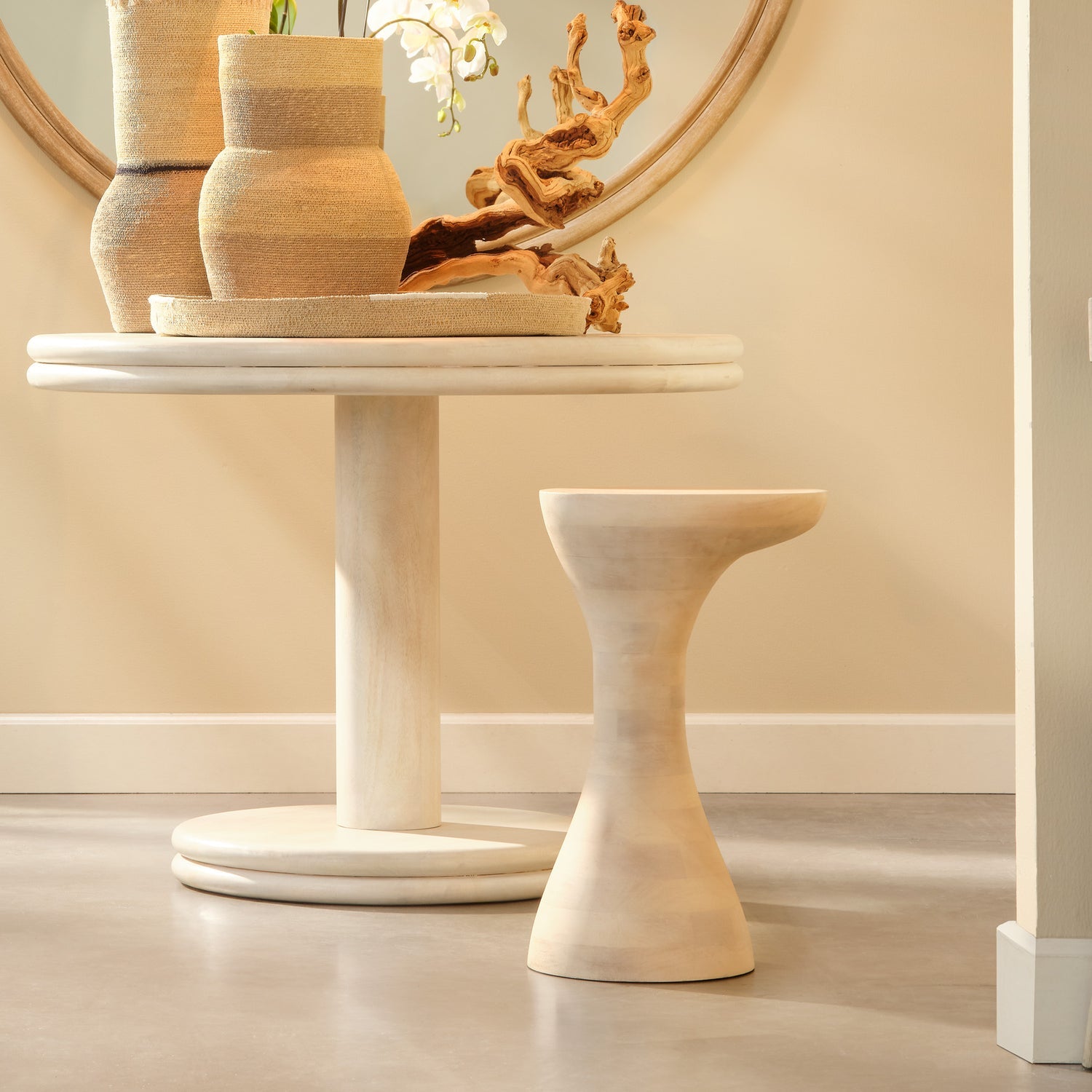 Jamie Young Toadstool Off-White Wood Drink Table mango wood grain and Bleached White finish detail