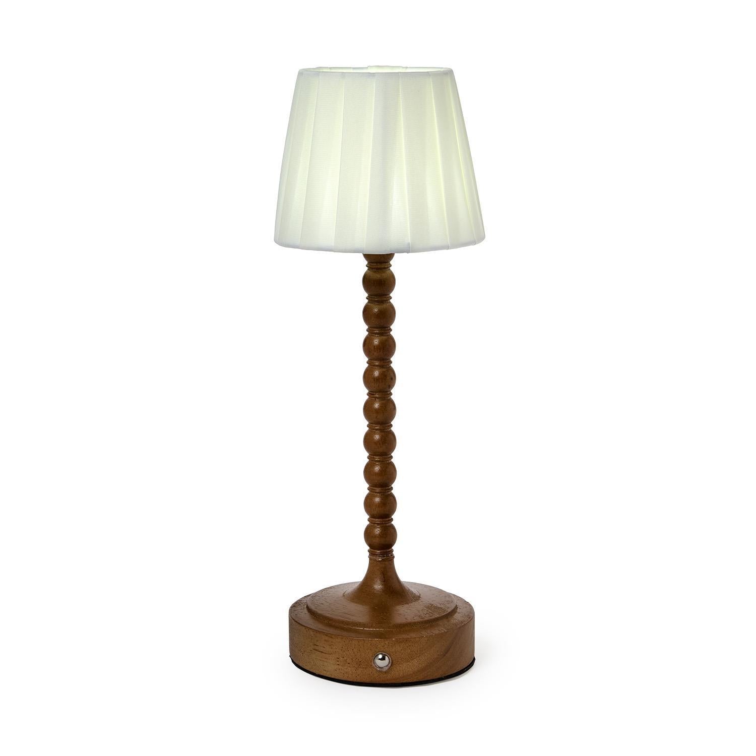 LED Cordless Beaded Wood Pole Table Lamp with Fabric Pleated Shade in Gift Box