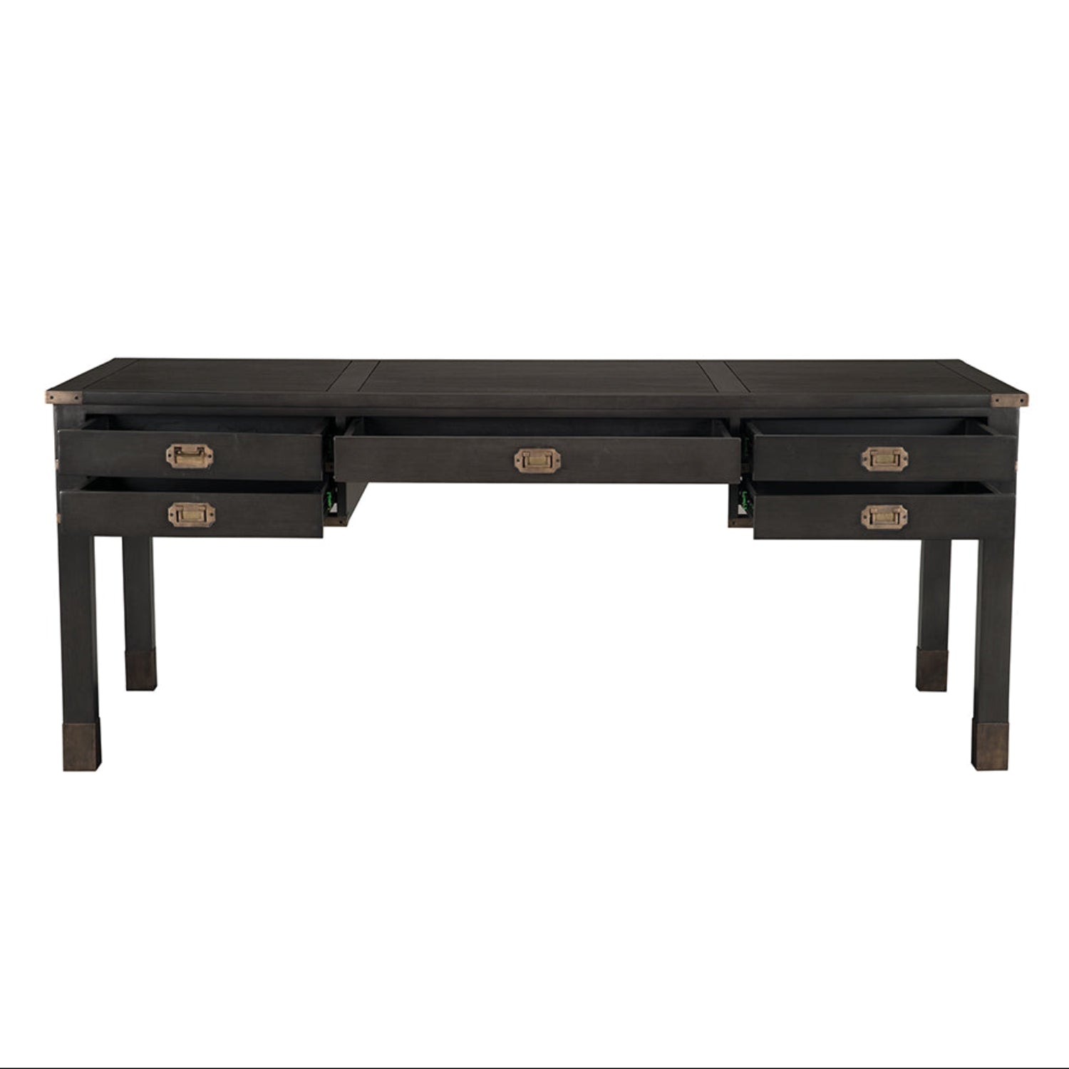 Noir Campaign Partner Desk crafted from mahogany, brass pulls, brass base legs, and brass side plates