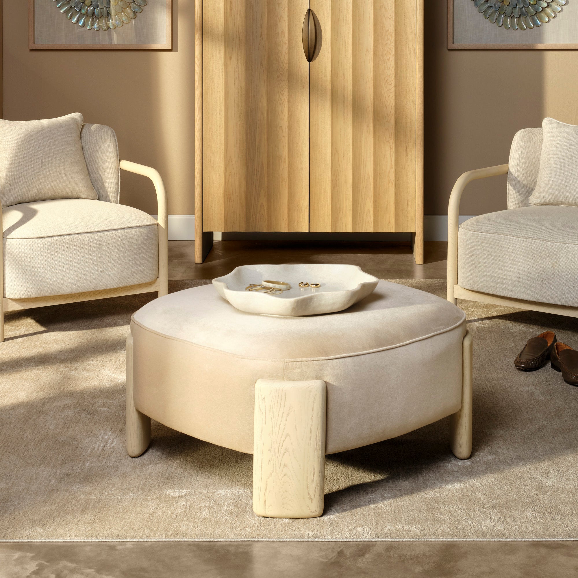 Jamie Young Tarte Earl Grey Velvet and Pale Oak Ottoman