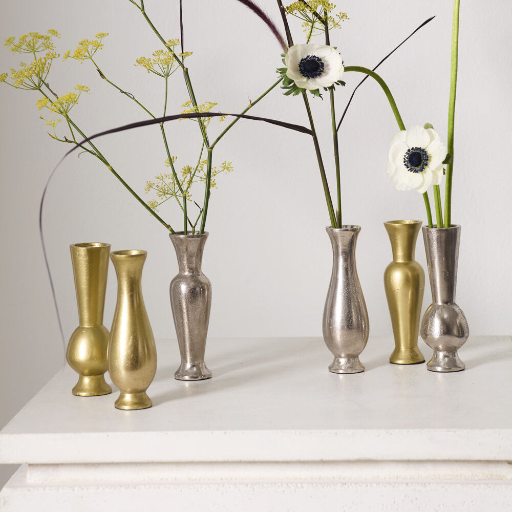 Henna Budvase Set of 3 styled view, gold or silver metal budvase set of 3