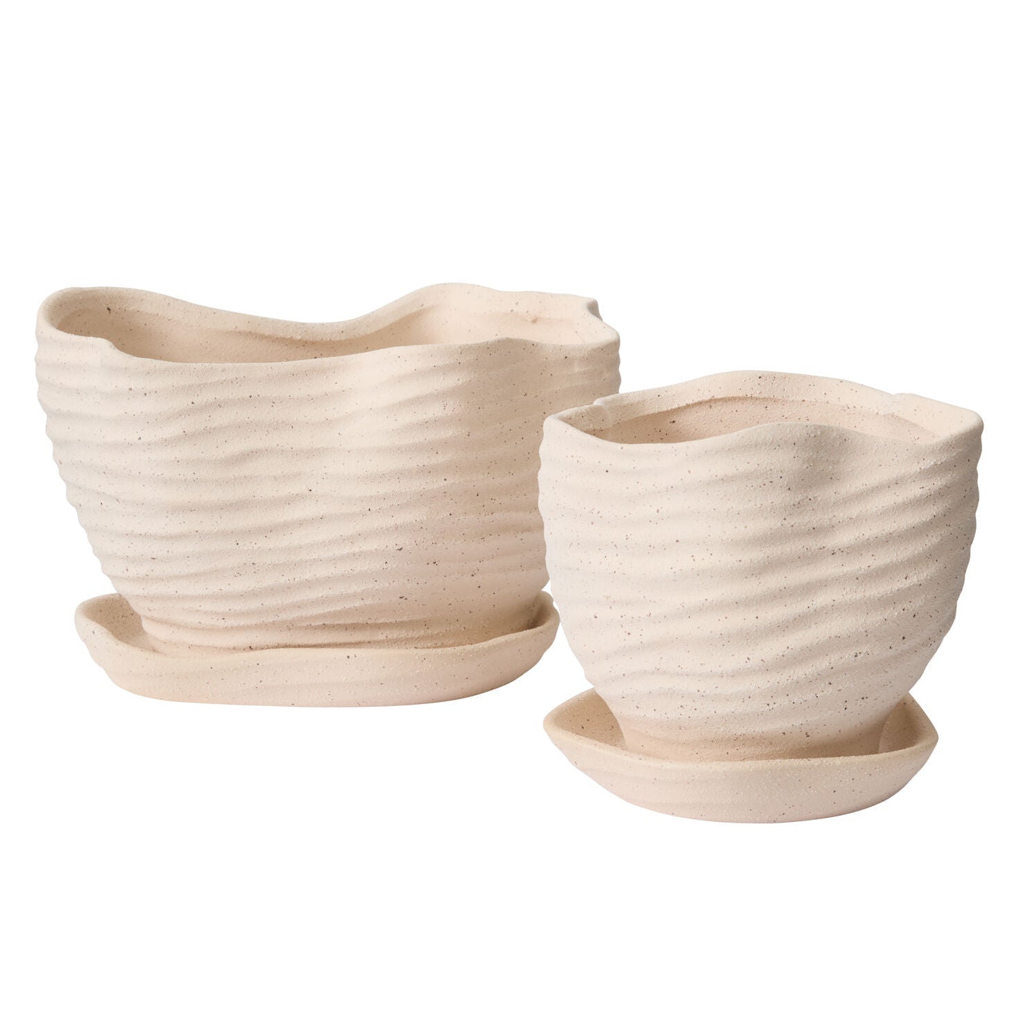 Highland Pot with Saucer styled view, tan ceramic planter with saucer