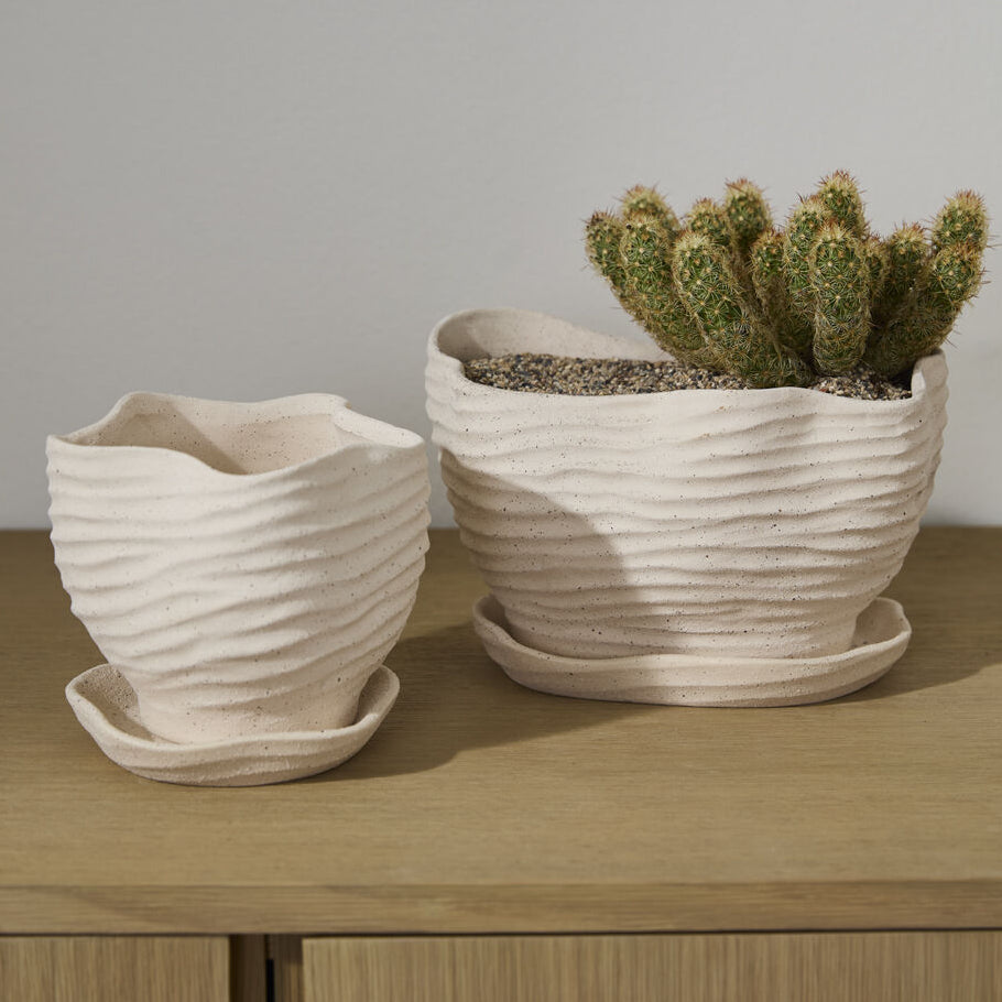 Highland Pot with Saucer, tan ceramic planter with saucer
