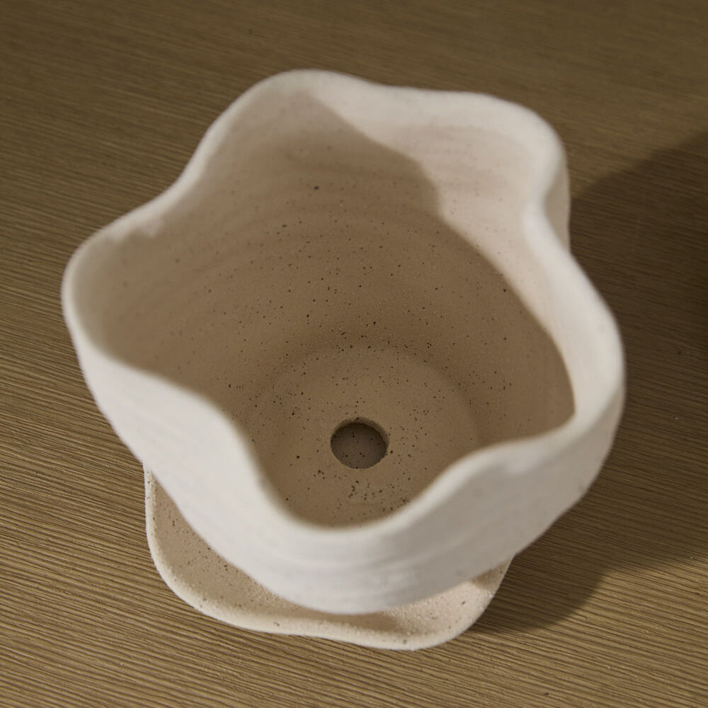 Highland Pot with Saucer alternate view, tan ceramic planter with saucer