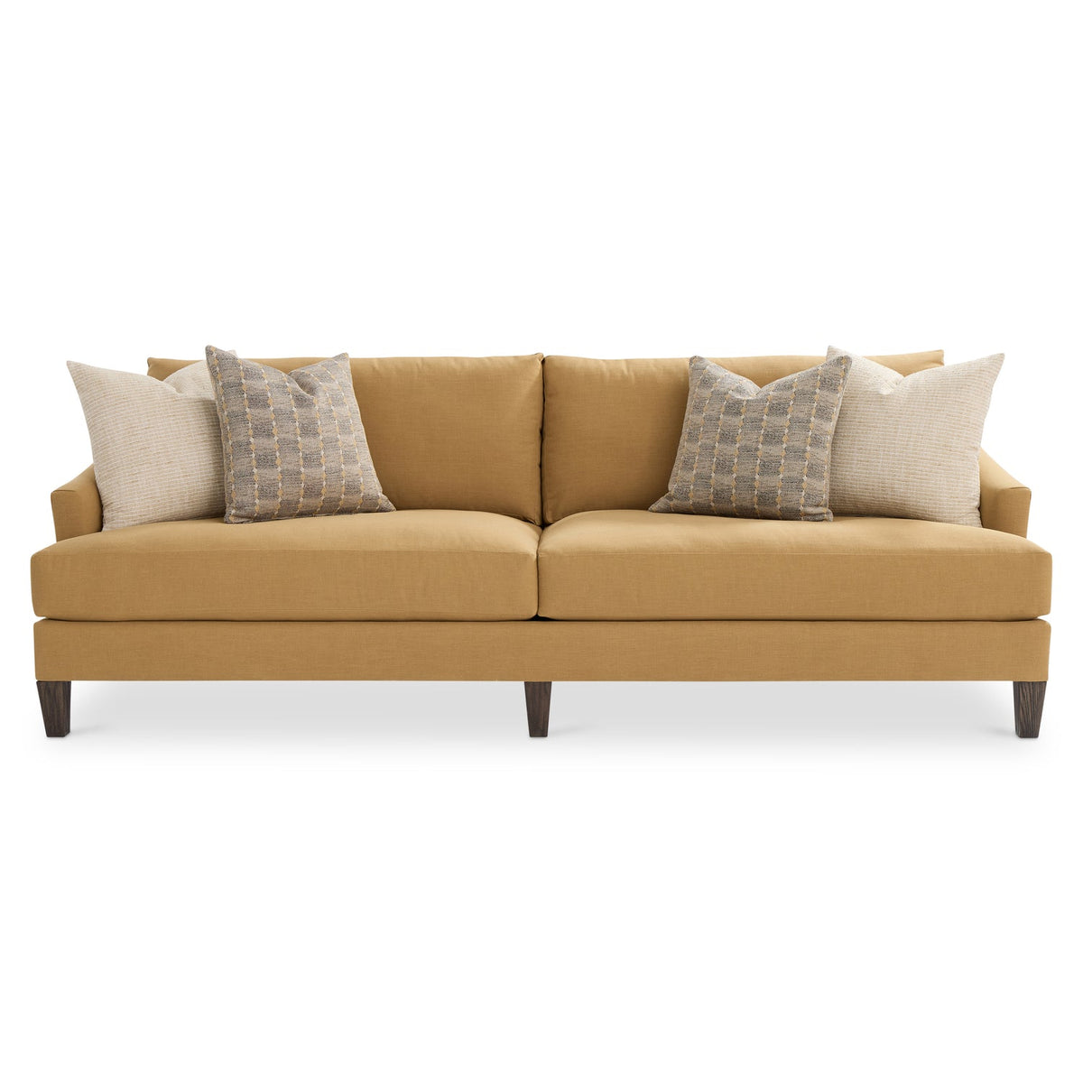 Bernhardt Living Marisol Fabric Sofa in Camel, angled three-quarter view