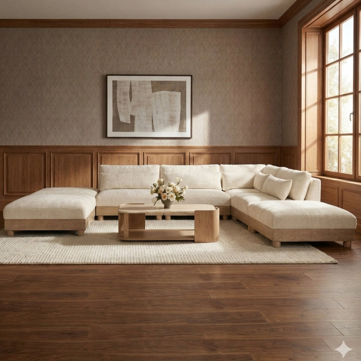 Turin 160in Cream Chenille Fabric Upholstered 6 Piece Modular Sectional Sofa