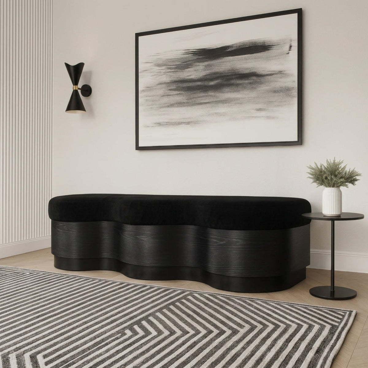 Savoy Black Velour Fur Fabric Upholstered Bench