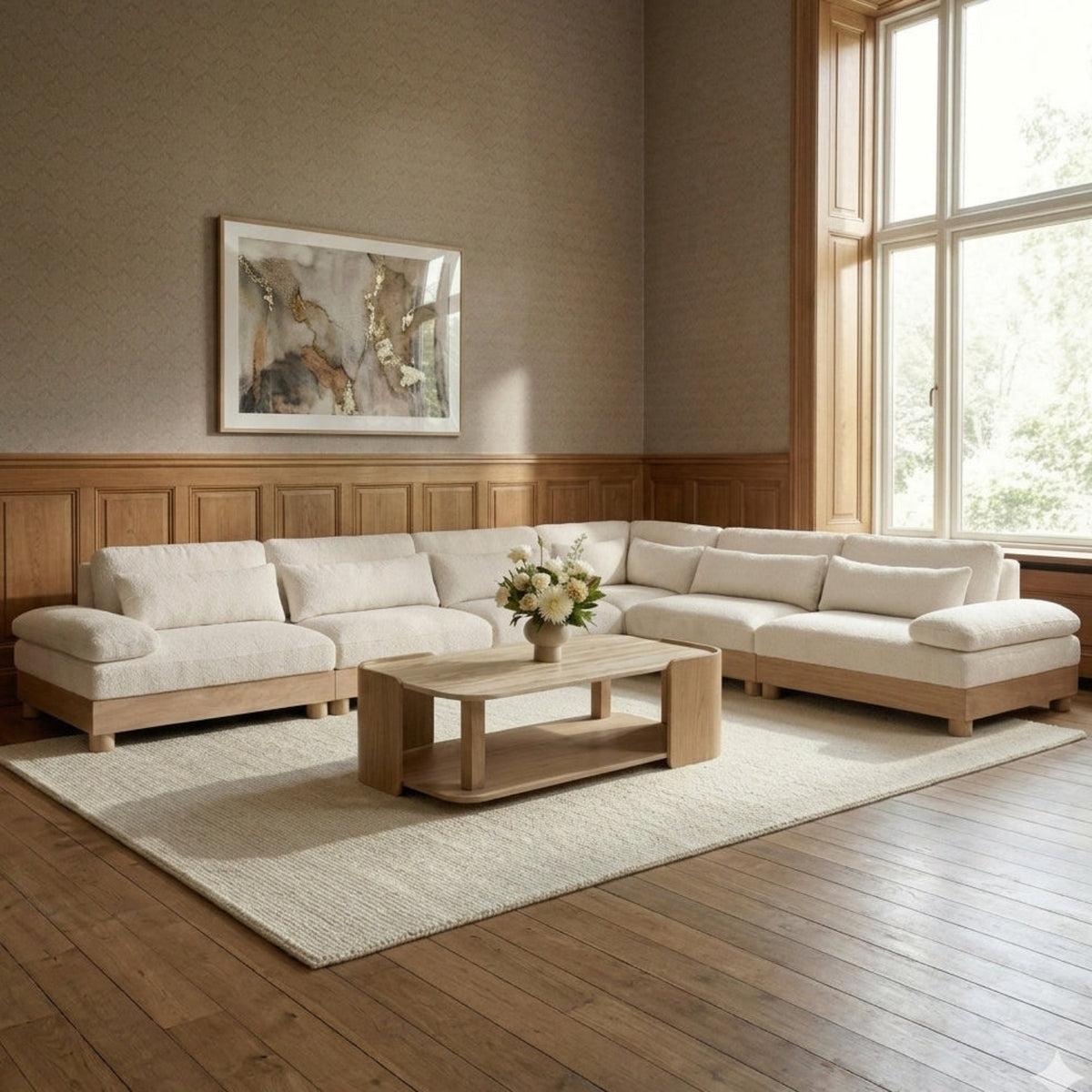Turin 167.75in Cream Chenille Fabric Upholstered 6 Piece Modular Sectional Sofa