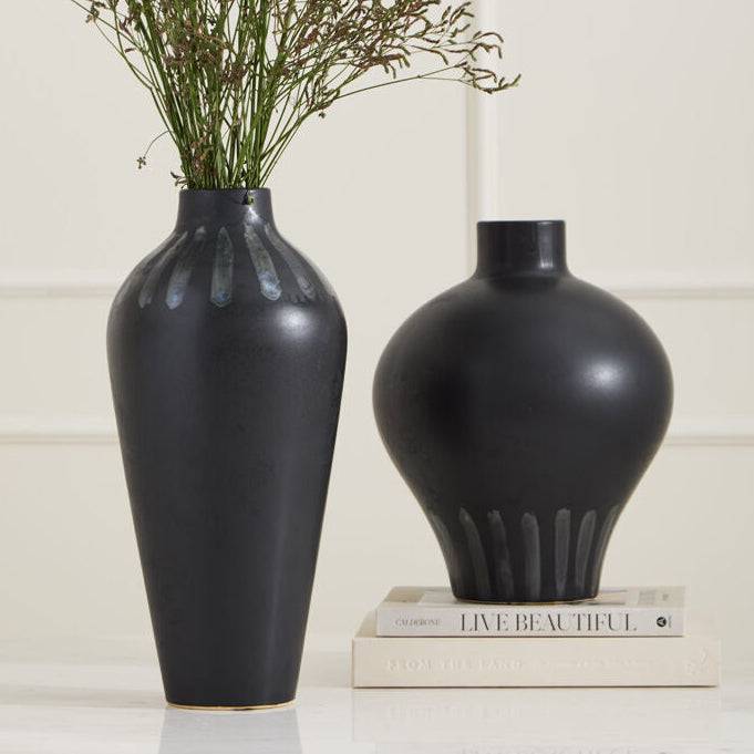 Inkblot Vase, black ceramic vase with blue stripes
