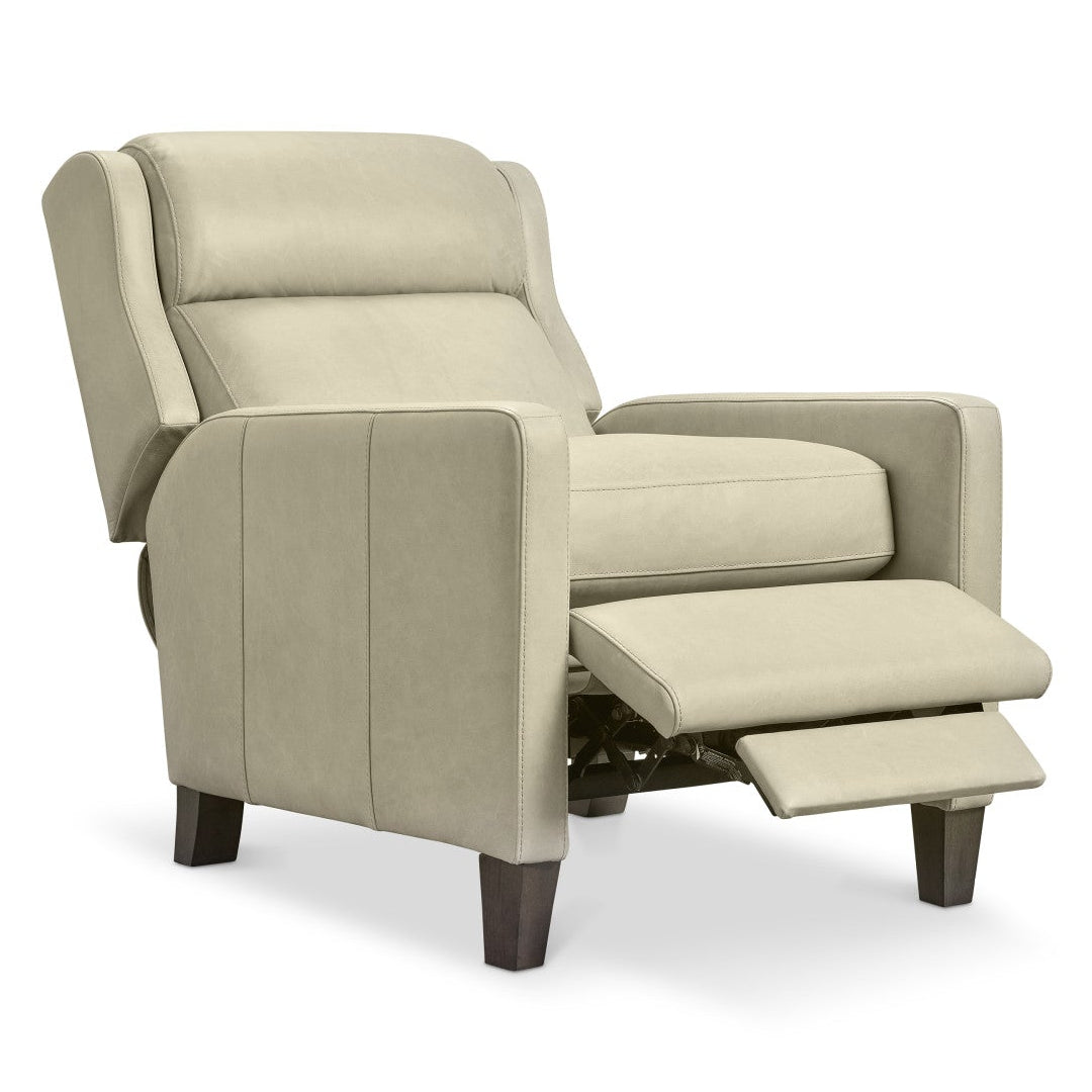 Bernhardt Motion Hampton Leather Recliner in Cream, angled three-quarter view