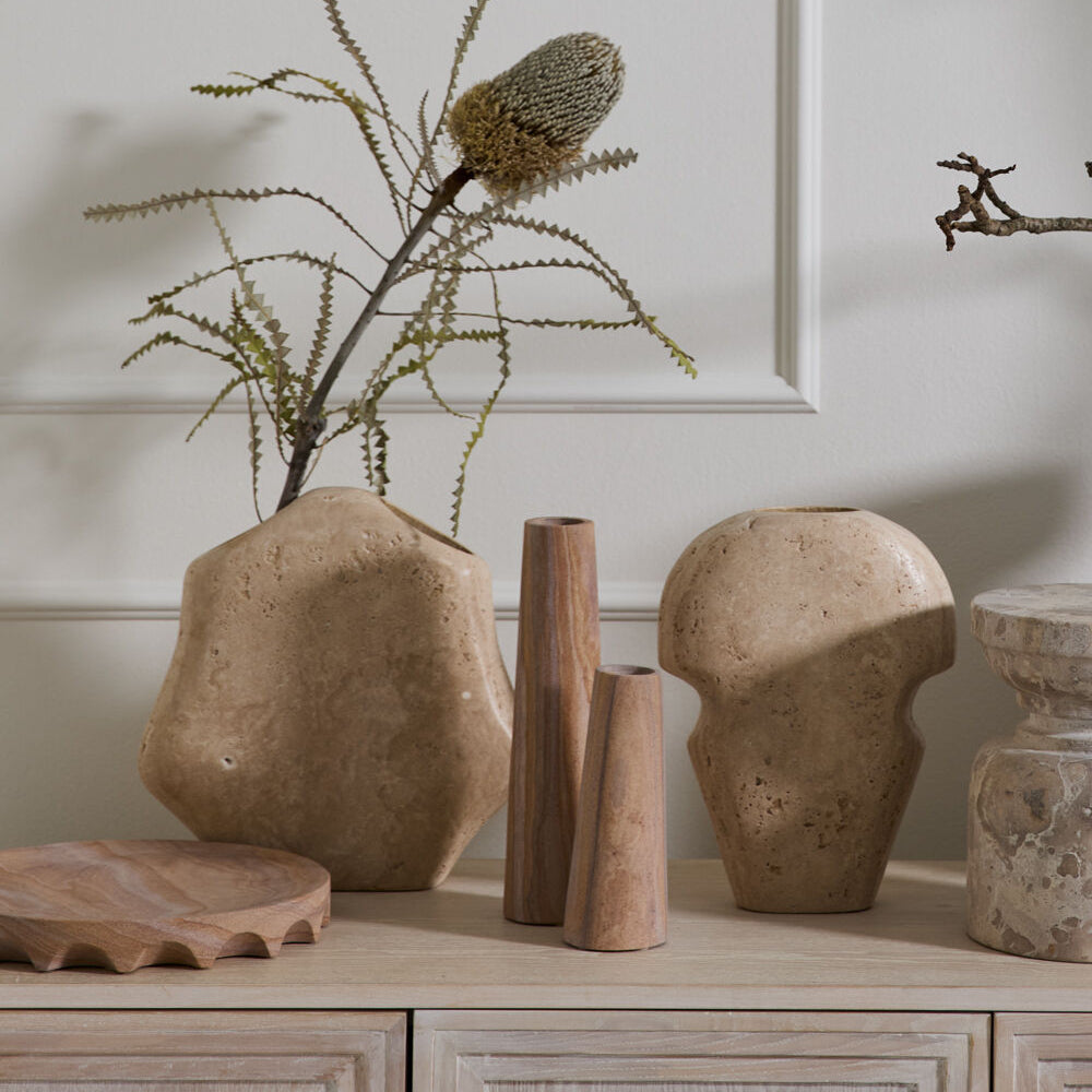 Klimt Stone Vase styled view, brown travertine marble vase