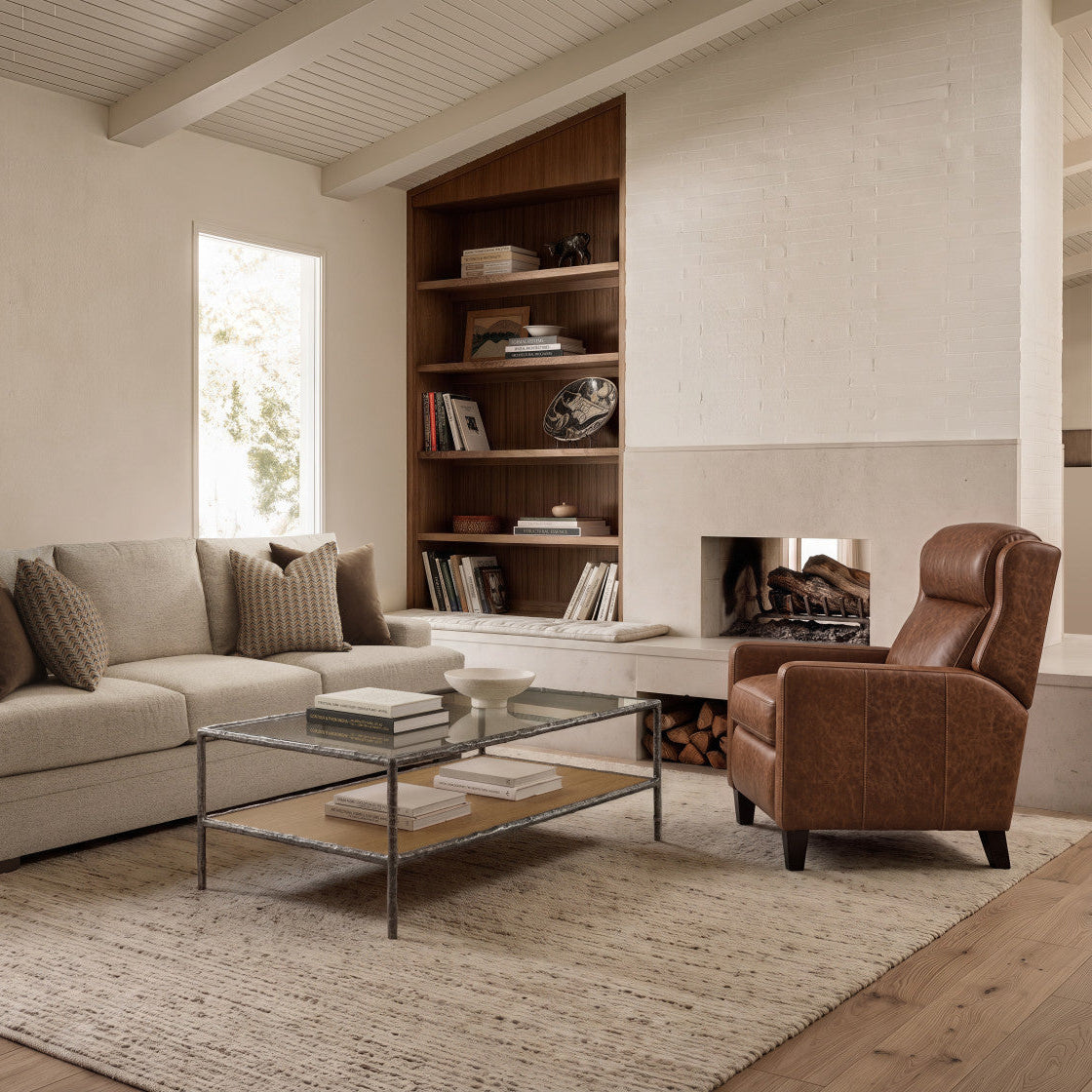 Bernhardt Motion Hampton Leather Recliner in Umber, styled room scene