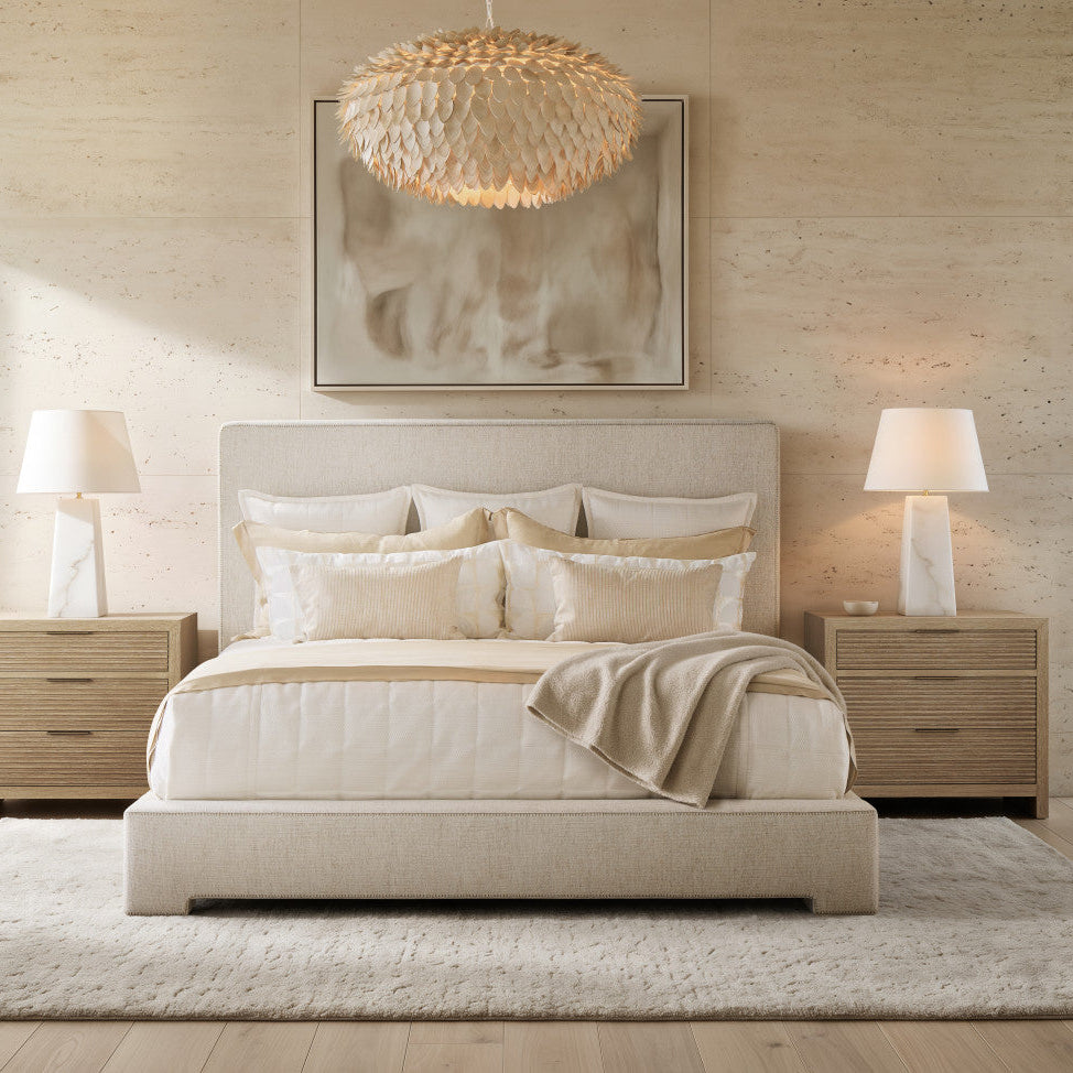 Bernhardt Asana 32" Nightstand in Tan, styled room scene