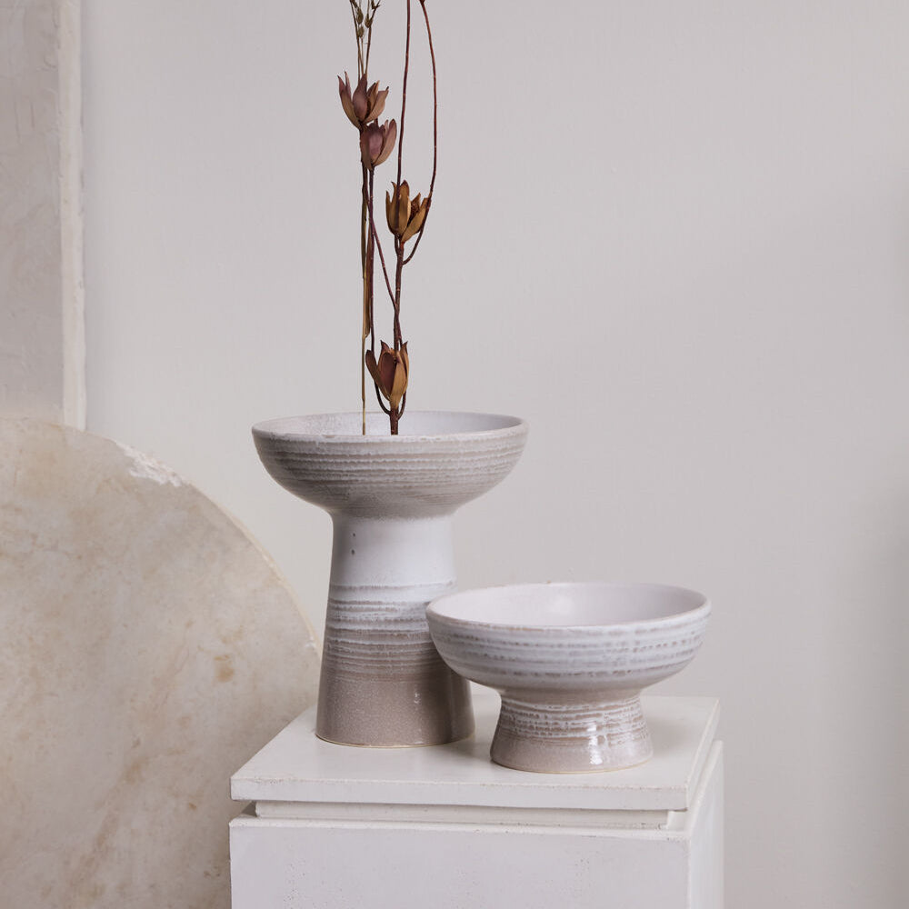 Lorca Footed Bowl styled view, grey ceramic footed bowl