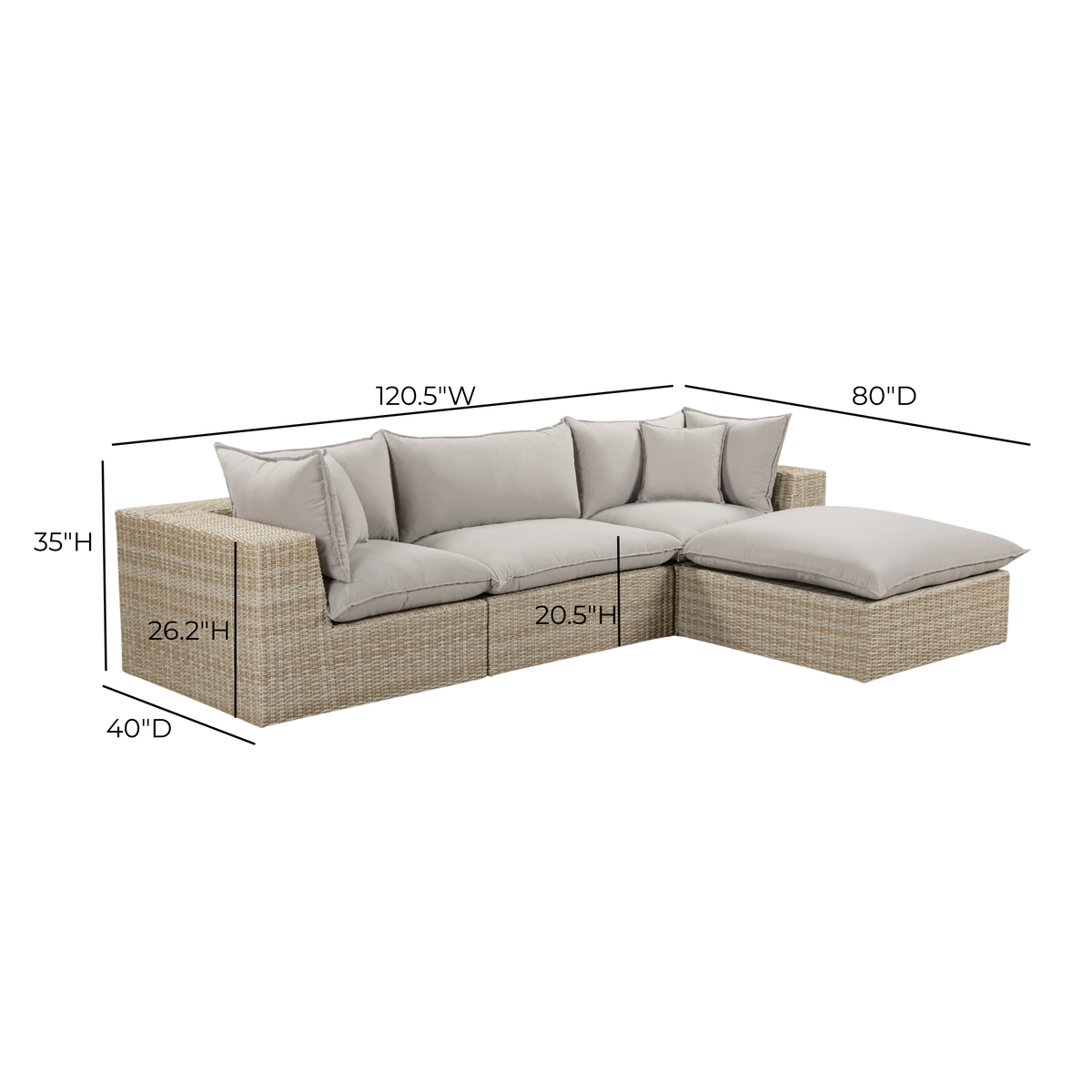 TOV Furniture Cali Gray Performance Wicker 4-Piece Outdoor Sectional Sofa