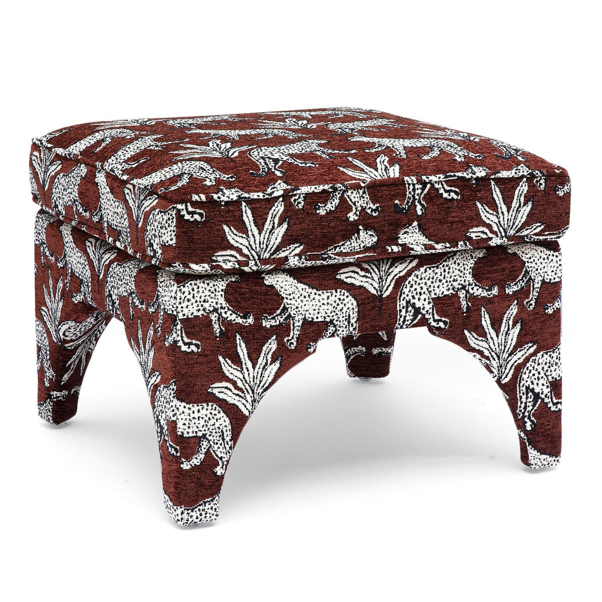 TOV Furniture Raji Leopard Performance Jacquard Ottoman in brown leopard jacquard, primary product view