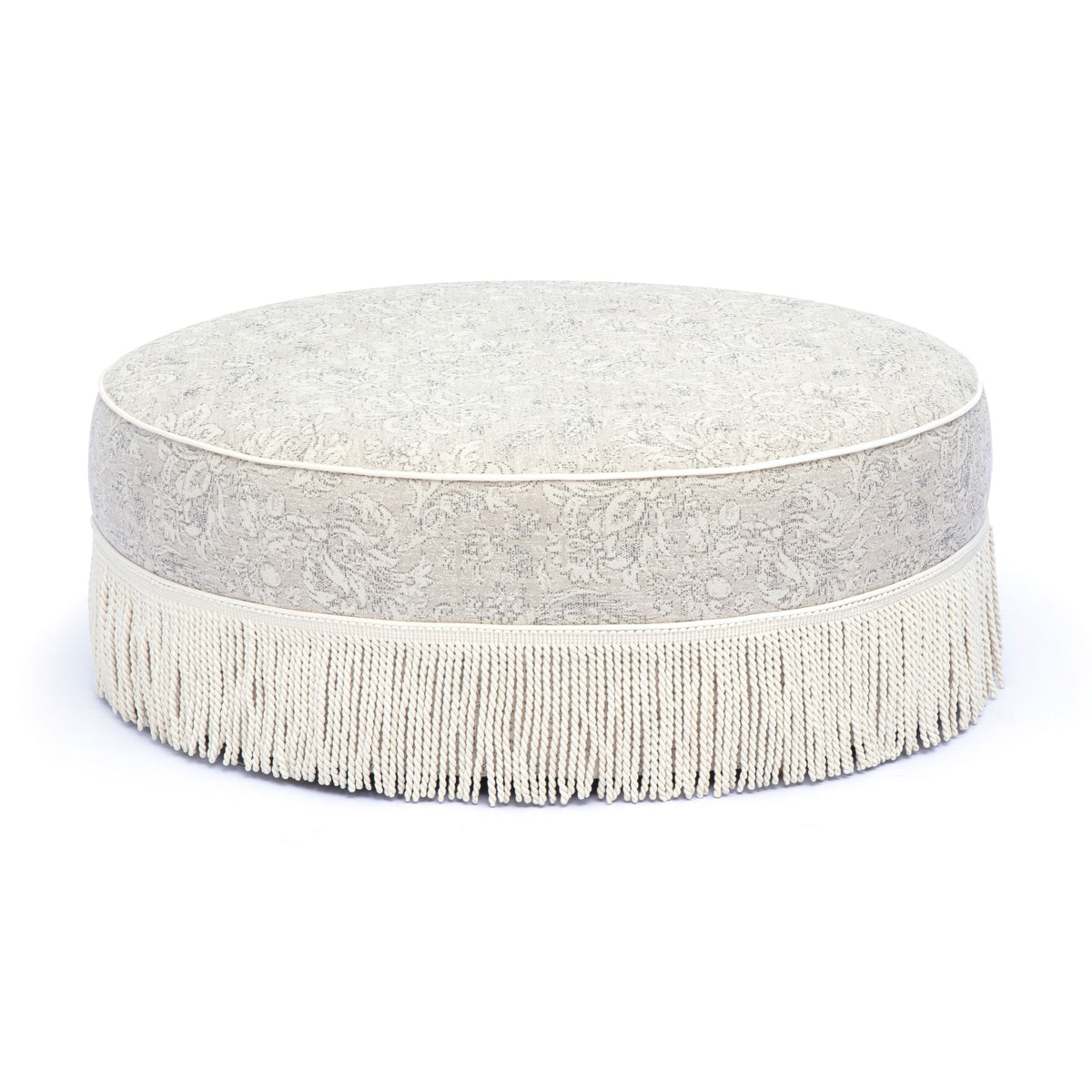 TOV Furniture Tassy Neutral Floral Tasseled Round Ottoman