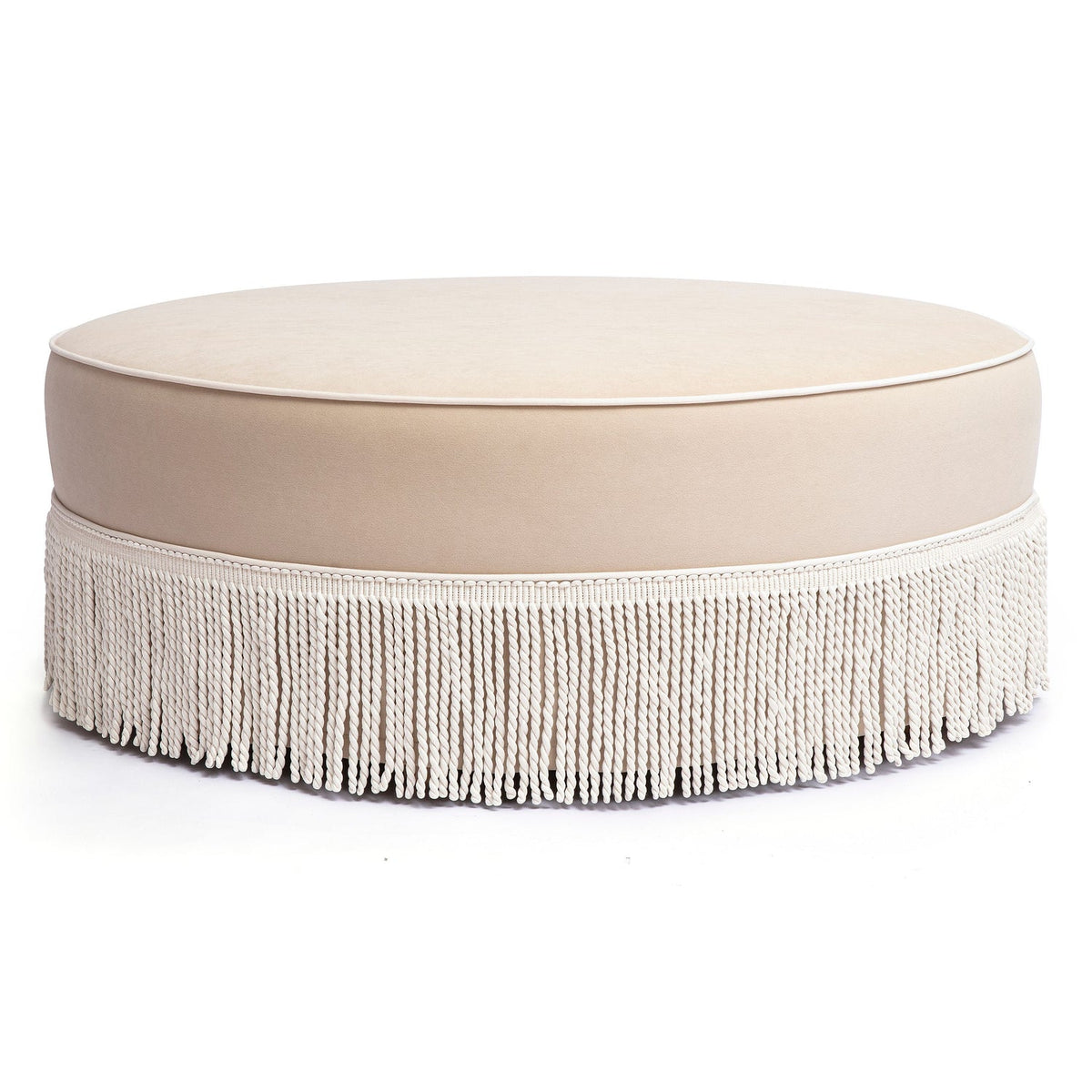 TOV Furniture Tassy Tasseled Round Ottoman in tan velvet with fringe trim, primary product view