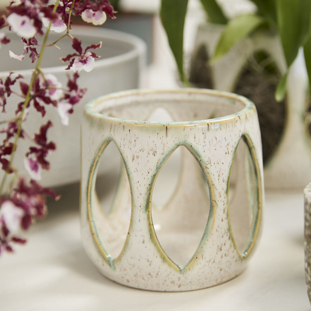 Minka Orchid Pot, speckled white ceramic orchid pot