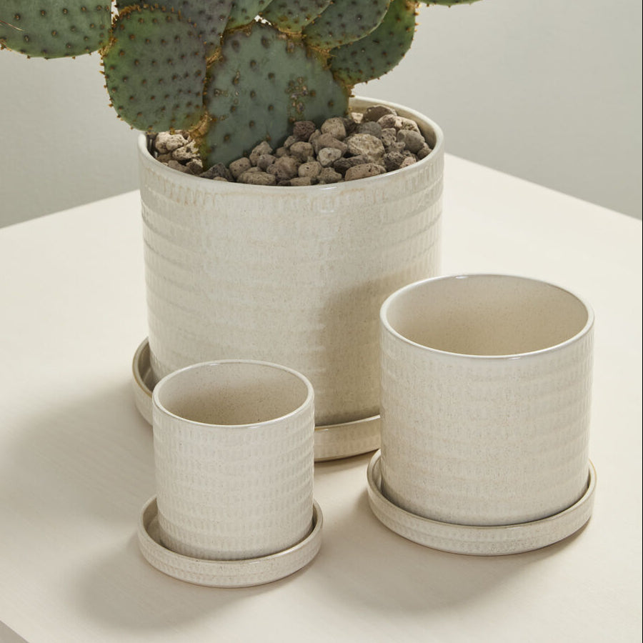 Morse Pot with Saucer, warm white ceramic planter with saucer