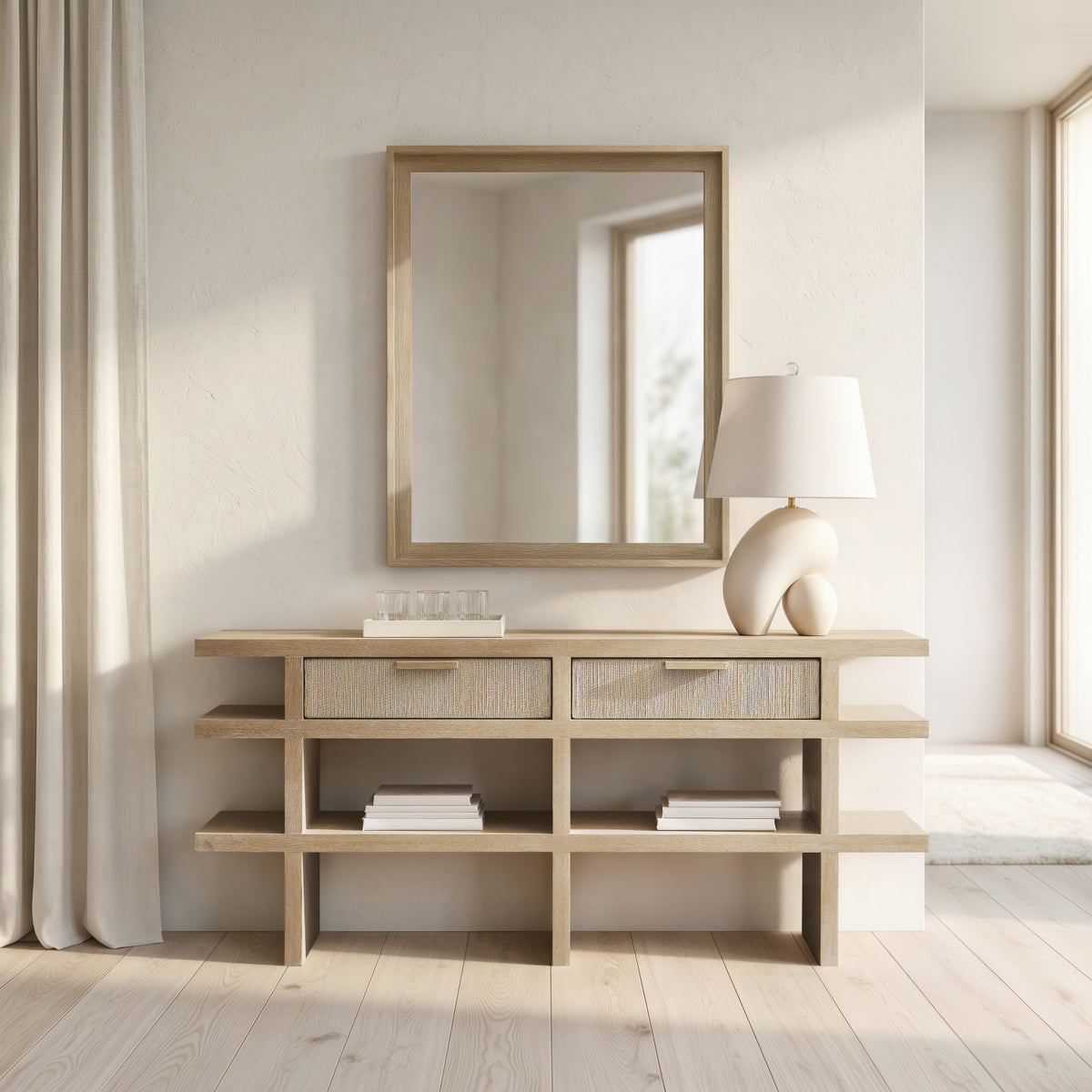 Bernhardt Living Asana Console Table in Tan, styled room scene