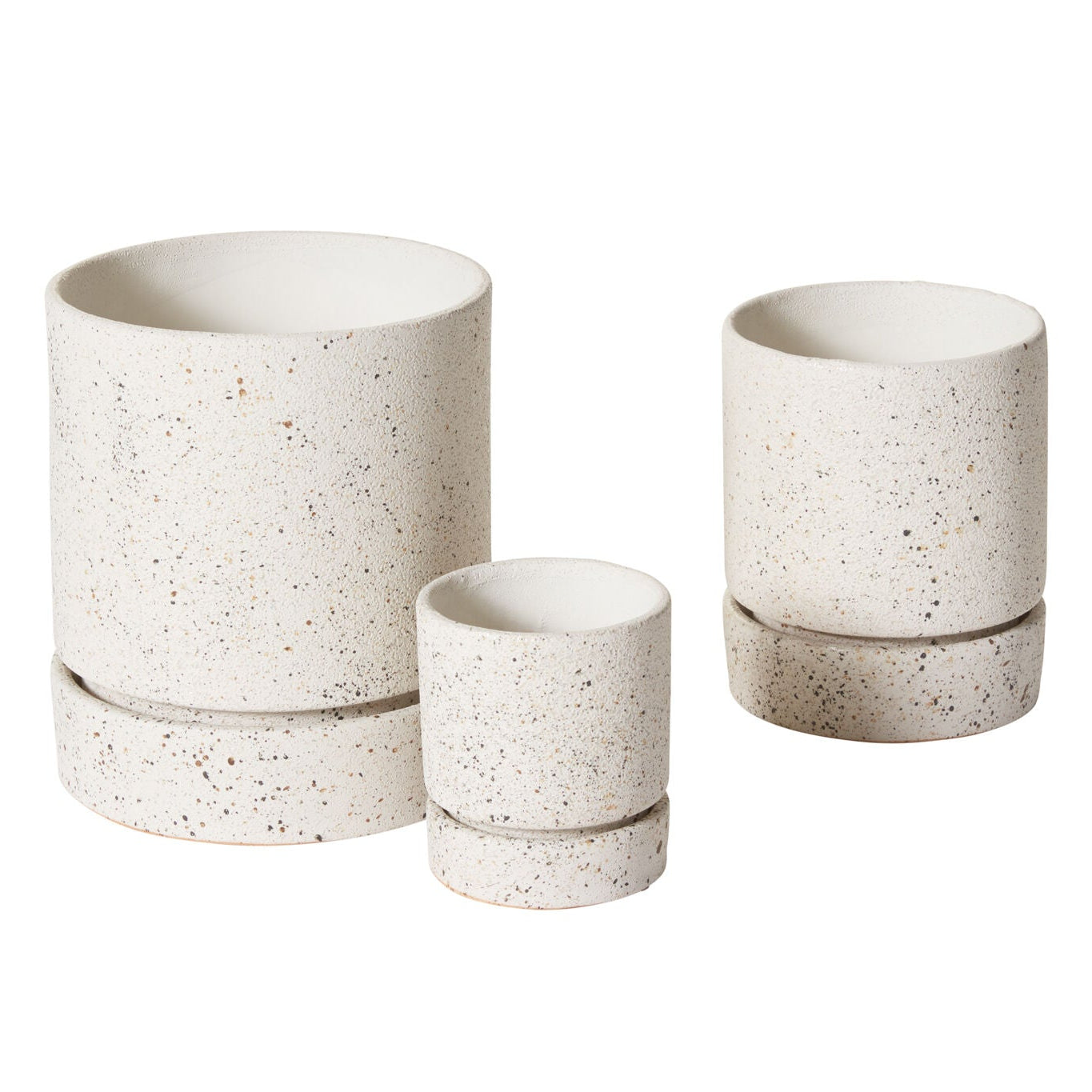 Nisha Pot styled view, off-white ceramic planter with saucer