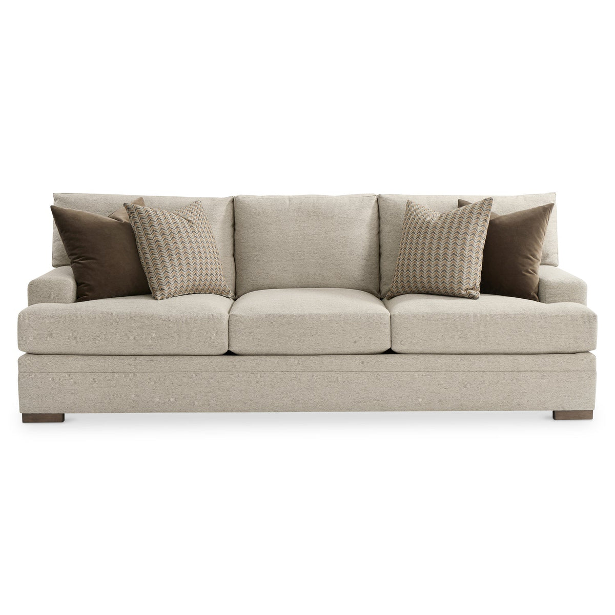 Bernhardt Living Fairfax Fabric Sofa in Beige, angled three-quarter view