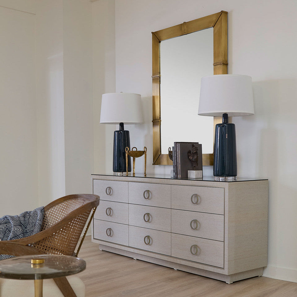 Villa and House Parker Extra Large 9 Drawer Dresser in lacquered grasscloth, three-quarter angle