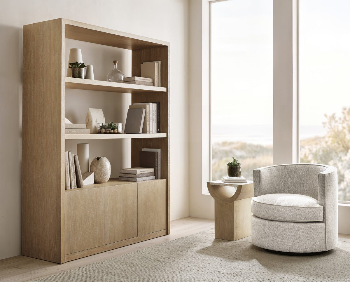 Bernhardt Living Asana Etagere in Tan, styled room scene