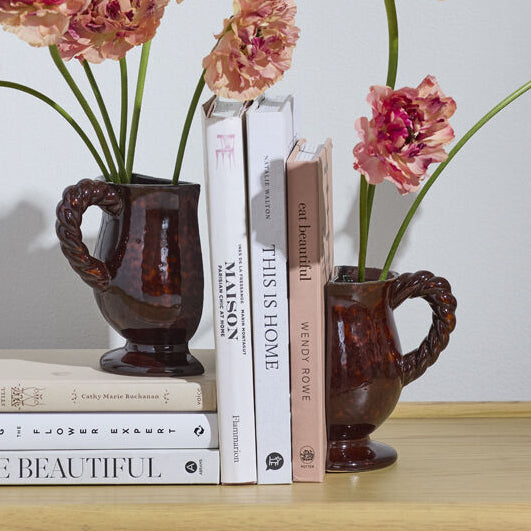 Split Vase Bookend Set, brown glossy ceramic vase bookends
