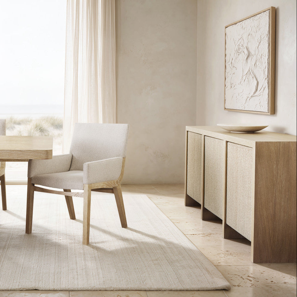 Bernhardt Asana 3 Door Buffet in Tan, styled room scene