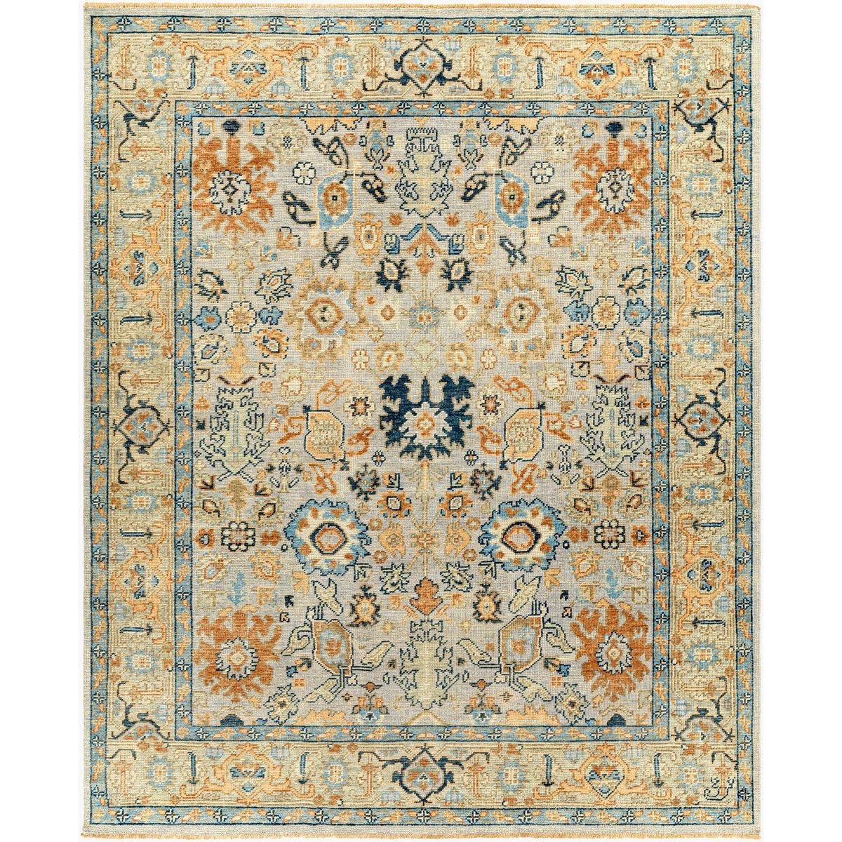 Surya Reign REG-2314 Hand Knotted Rug in pure New Zealand wool, Blue, Brown, Peach, Navy, Light Brown, Denim