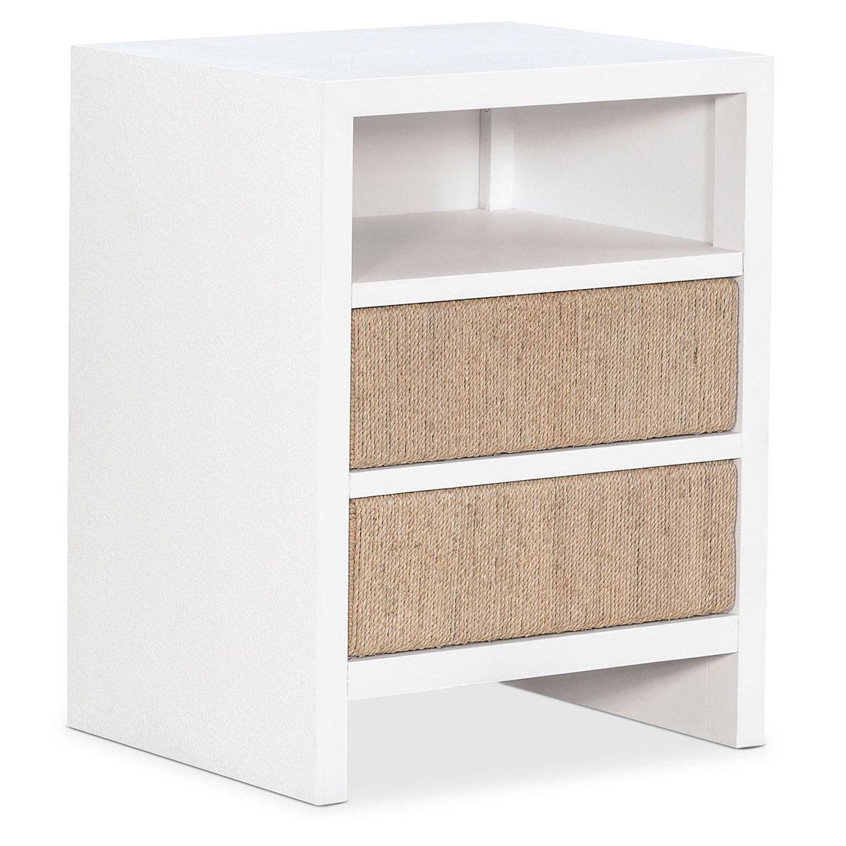 Margaritaville Bimini Sands Small Nightstand in Textured plaster with woven seagrass drawer fronts, primary product view