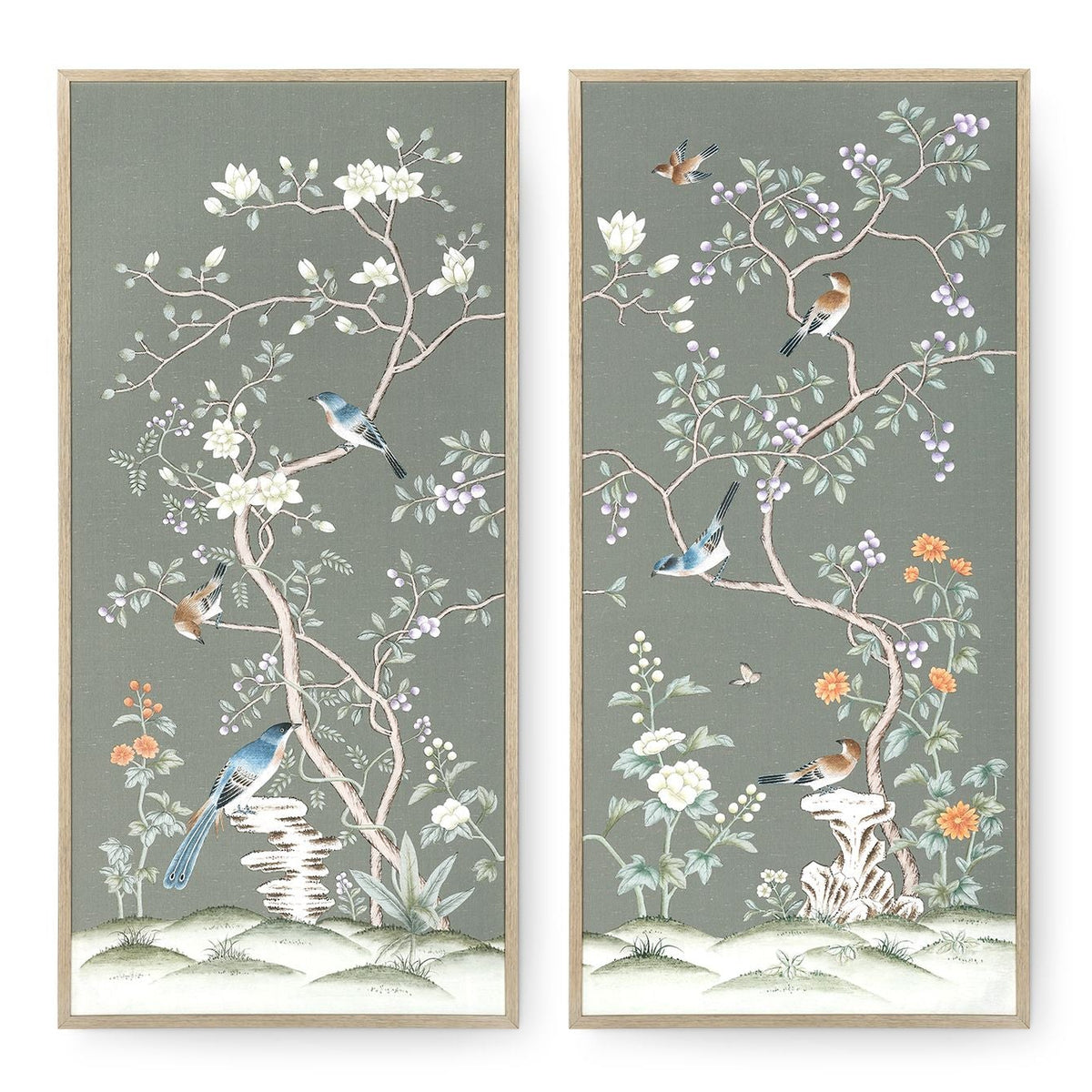 Villa and House Celadon Bough Framed Silk Panel Pair