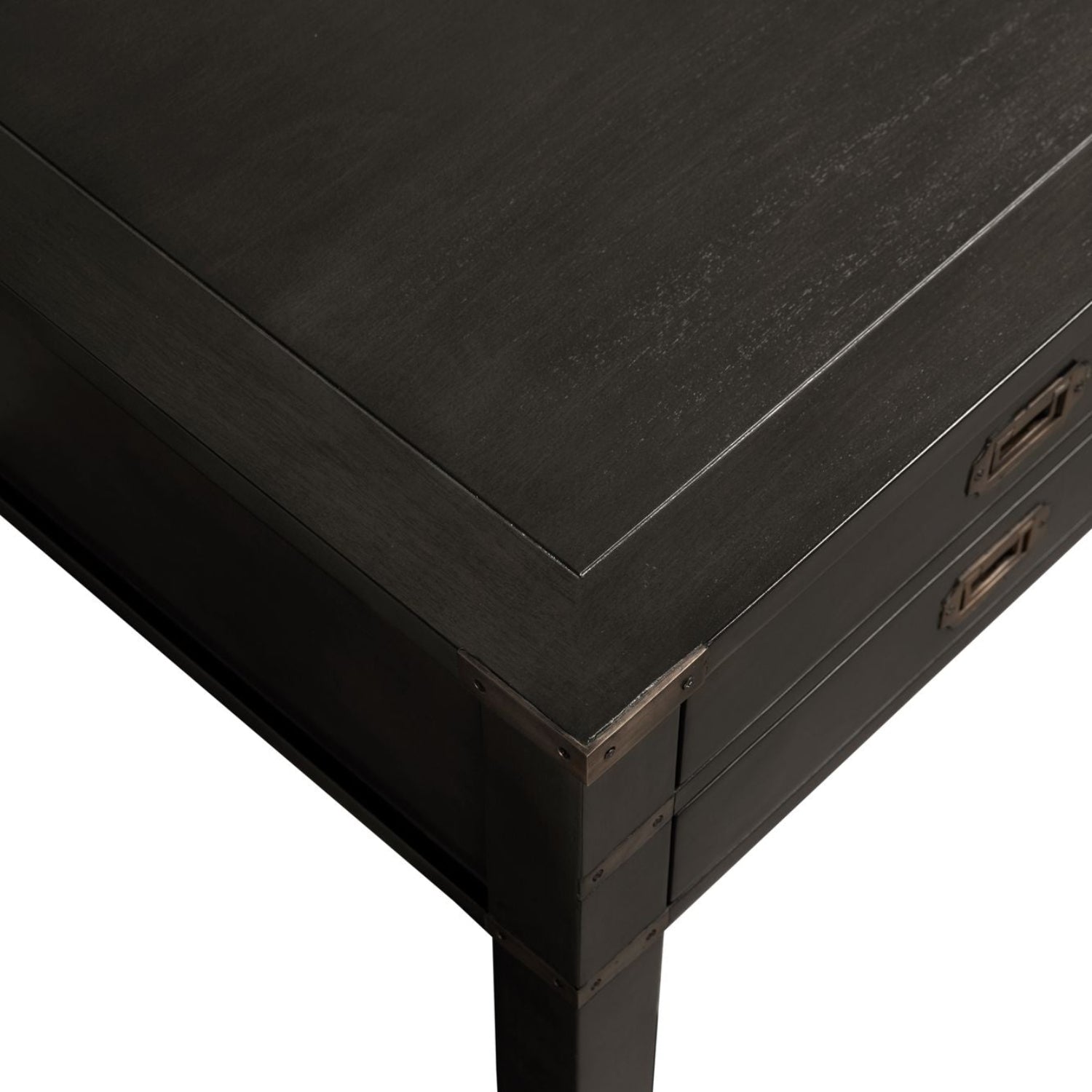 Noir Campaign Partner Desk with brass pulls and side plates