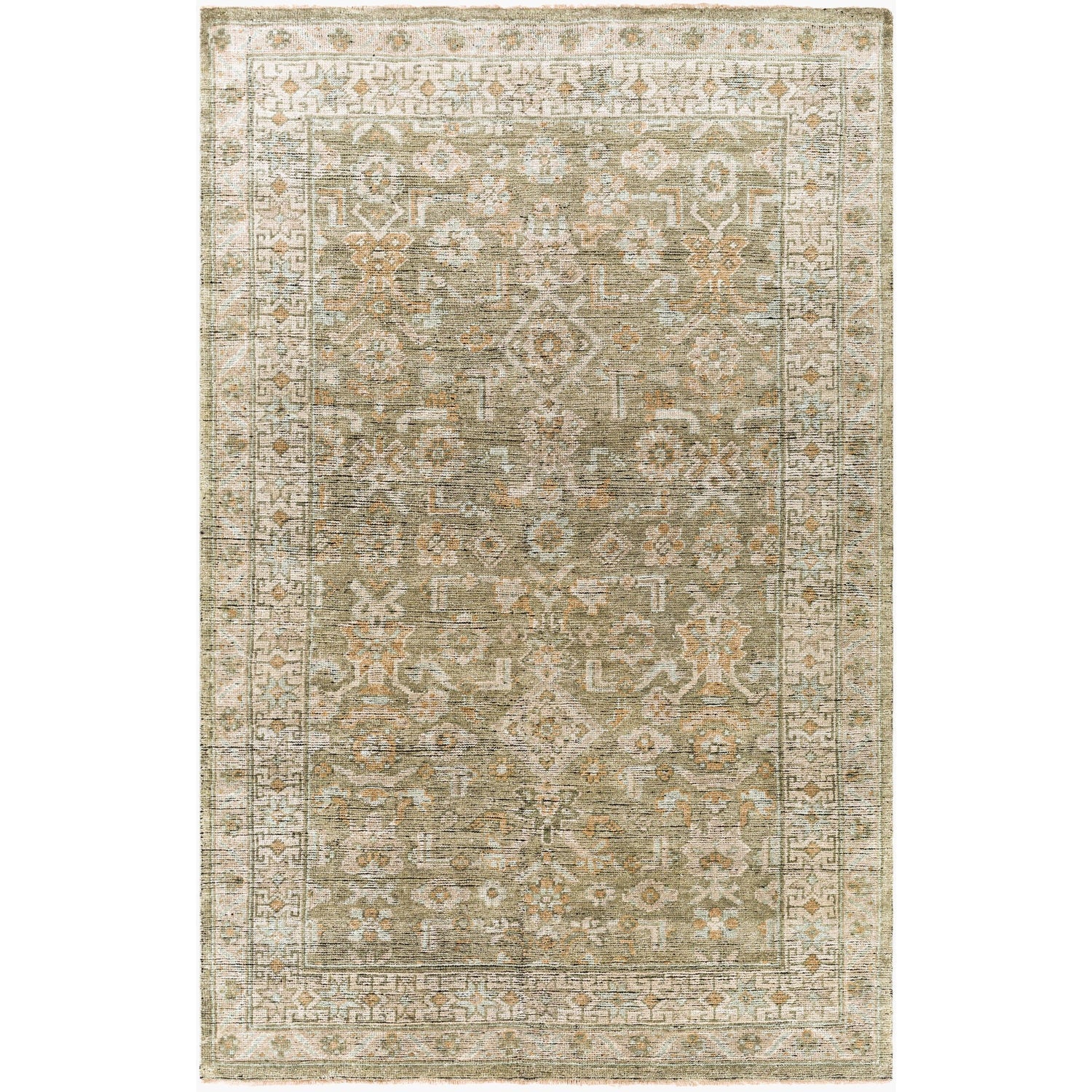 Surya Reign REG-2303 Hand Knotted Rug in pure New Zealand wool, Sage, Brown, Orange, Grass Green, Light Beige, Black