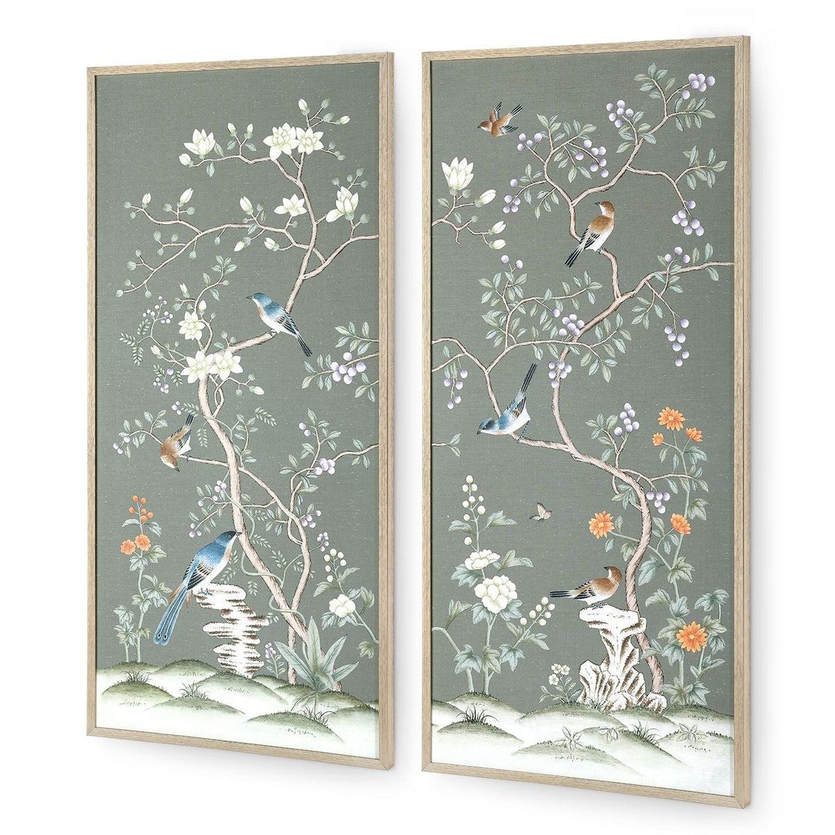 Villa and House Celadon Bough Framed Silk Panel Pair
