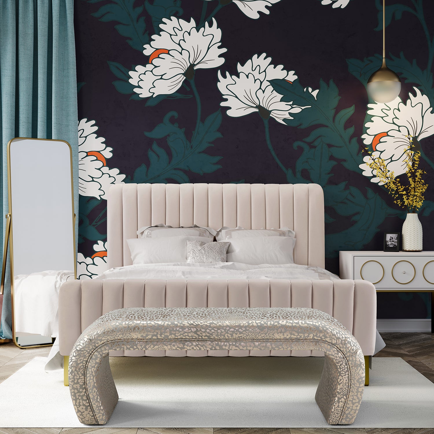 TOV Furniture Kenya Gilded Leopard Bench Paynes Gray