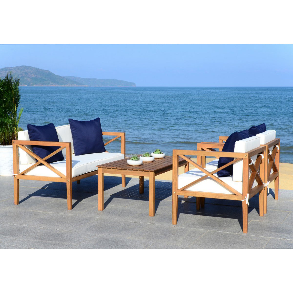 Athena 4-Piece Beige/Navy Outdoor Living Set