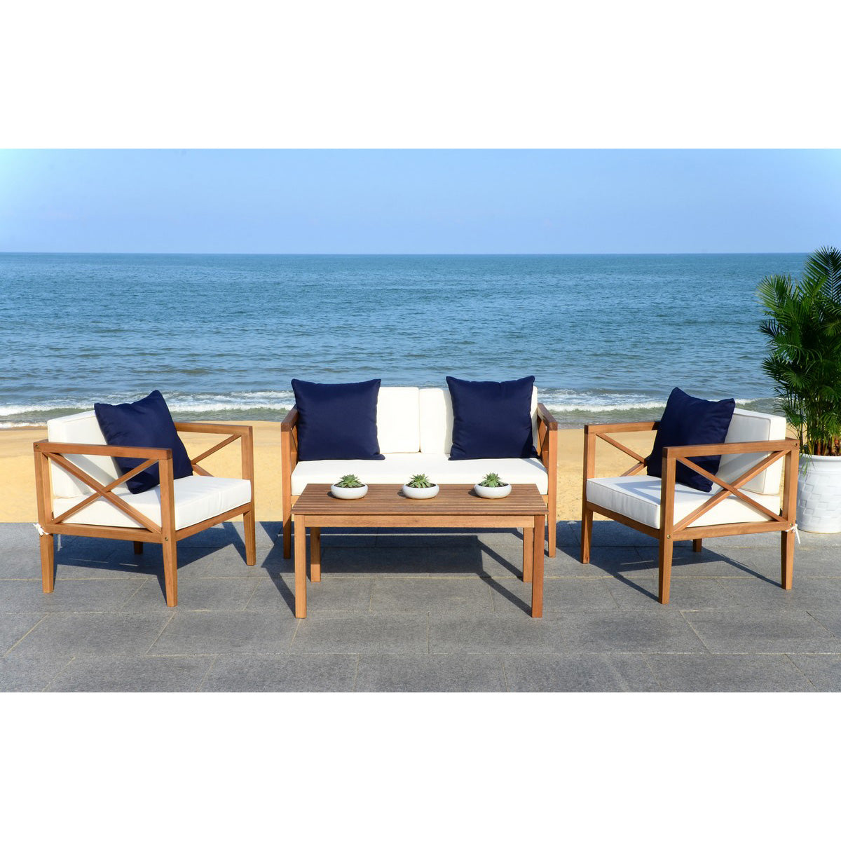 Athena 4-Piece Beige/Navy Outdoor Living Set